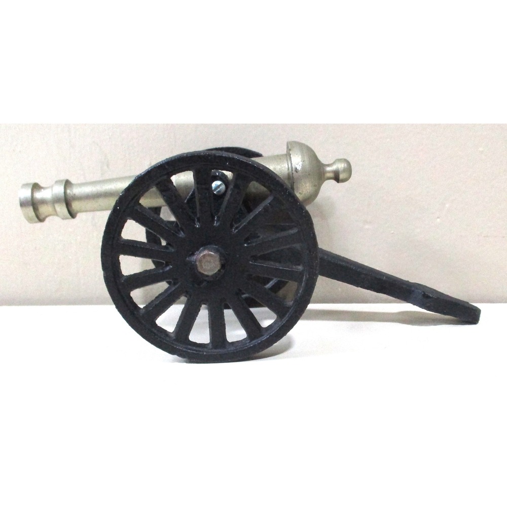 Vintage Style Miniature Metal Cannon Model Brass Finish Barrel Black Wheels 7in